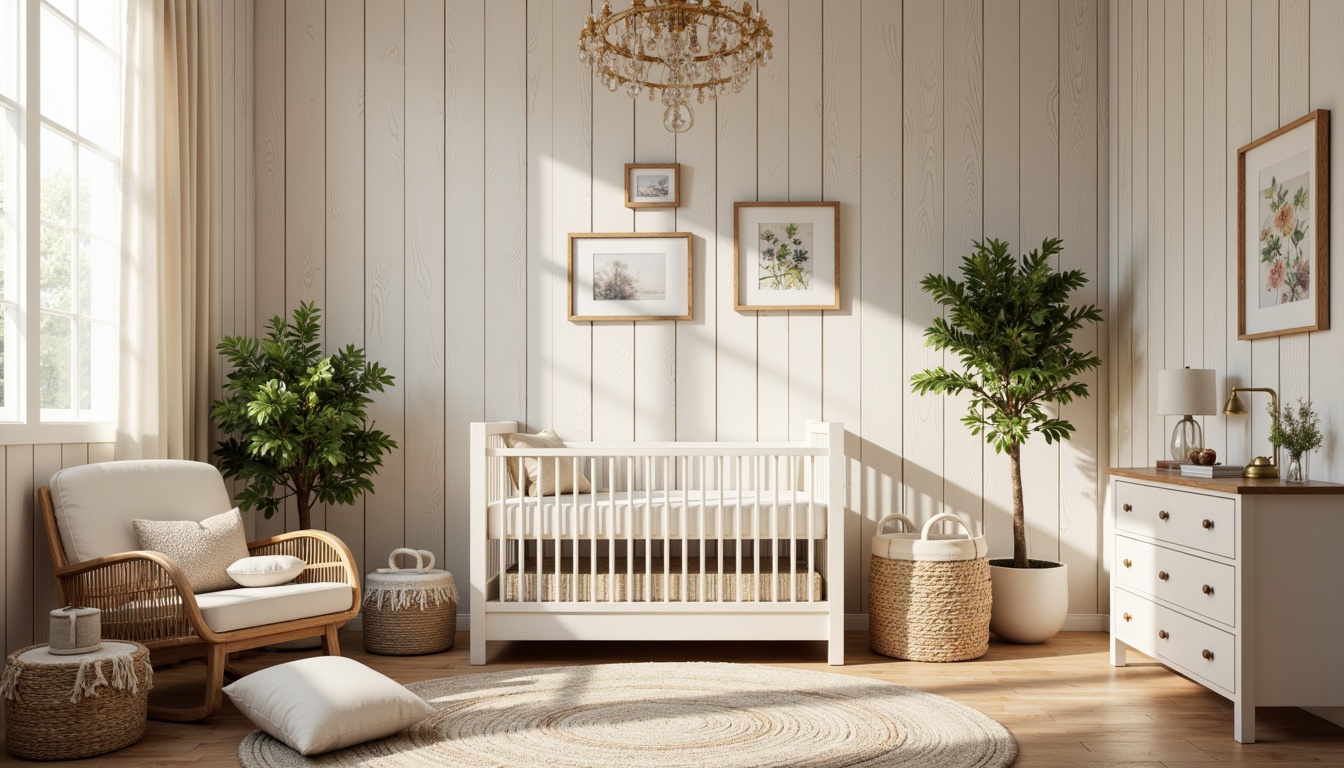 Prompt: Whimsical baby nursery, distressed wood accent walls, soft pastel colors, natural fiber textiles, woven baskets, vintage-inspired decorative frames, floral patterns, subtle lace details, warm beige tones, plush area rugs, rustic wooden cribs, creamy white furniture, delicate mobiles, gentle morning light, shallow depth of field, 1/1 composition, cozy atmosphere, realistic textures.