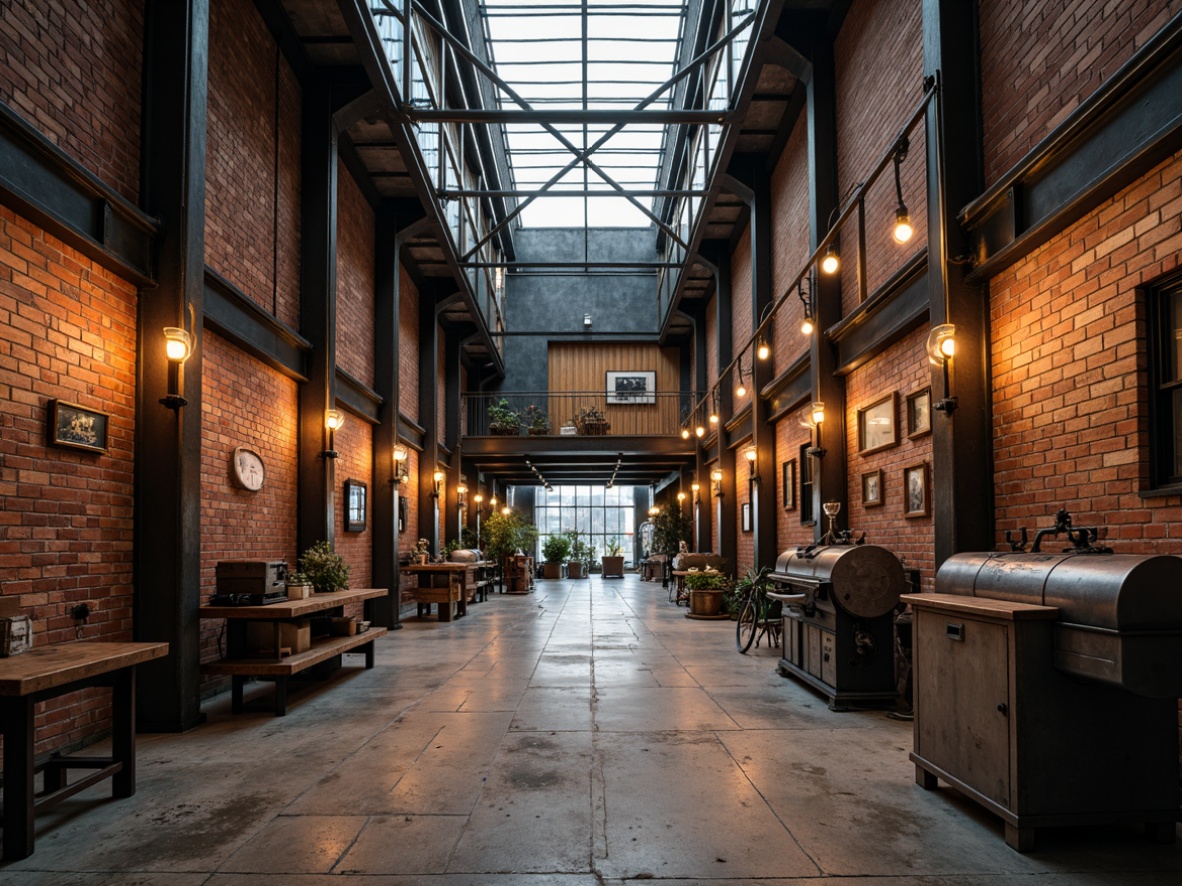 Prompt: Rustic industrial warehouse, exposed brick walls, metal beams, reclaimed wood accents, vintage factory equipment, distressed concrete floors, Edison bulb lighting, urban cityscape, cloudy overcast day, soft warm glow, shallow depth of field, 2/3 composition, atmospheric perspective, realistic metallic textures, ambient occlusion.