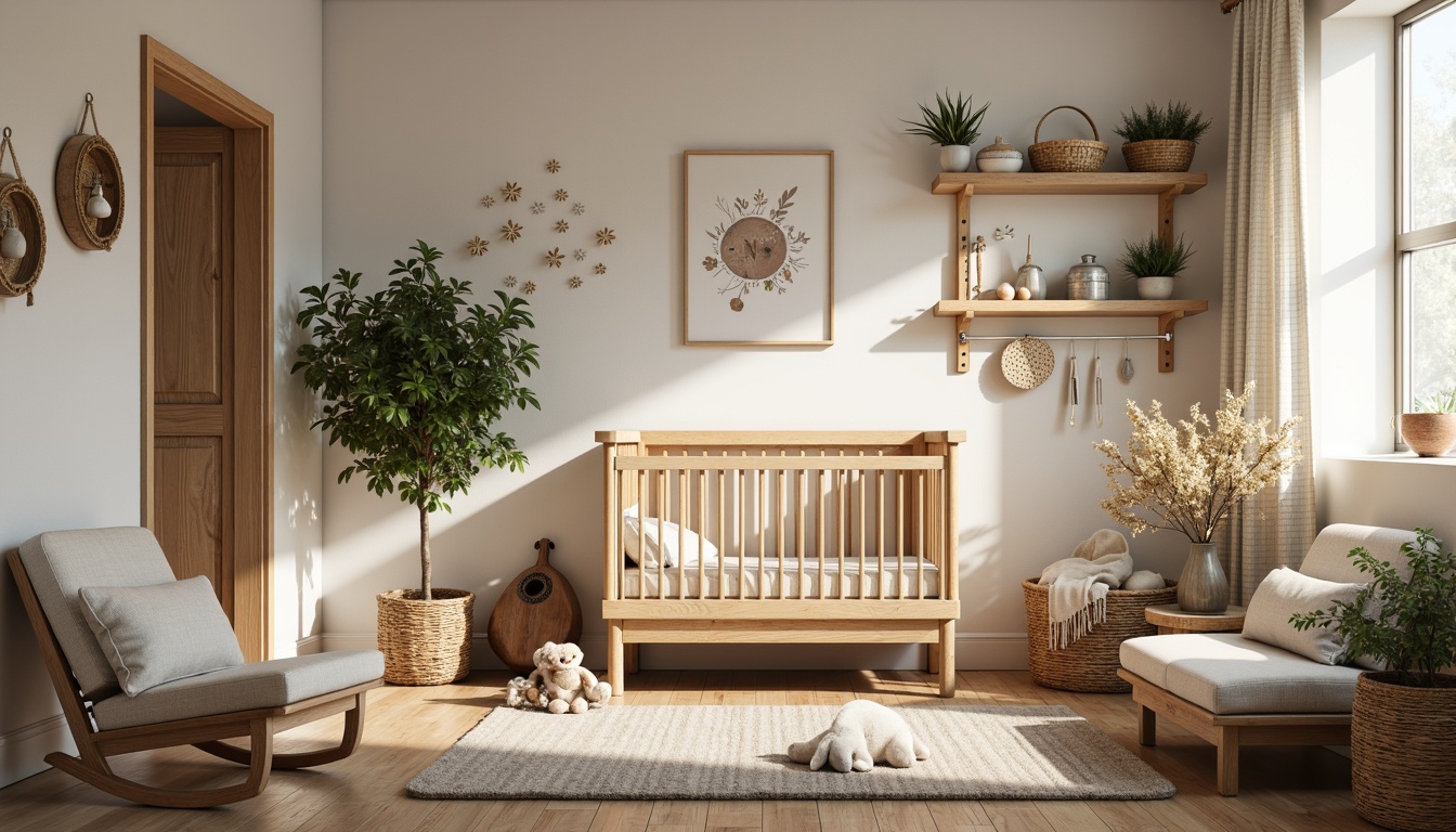 Prompt: Rustic wooden crib, distressed finishes, vintage toys, plush area rug, woven basket storage, natural linen fabrics, earthy color palette, soft warm lighting, cozy reading nook, oversized pillows, woven wall hangings, rattan rocking chair, reclaimed wood shelves, baby-friendly upholstery, whimsical wall decals, nature-inspired artwork, creamy white furniture, floral patterns, traditional nursery rhymes, gentle morning light, shallow depth of field, 1/1 composition, warm color grading.