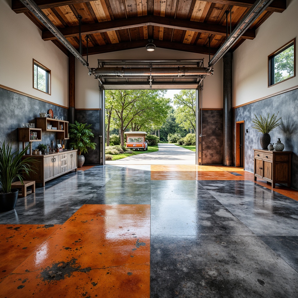 Prompt: Rustic garage interior, industrial-style flooring, textured concrete surfaces, epoxy resin coatings, vibrant color schemes, bold pattern designs, high-gloss finishes, durable materials, easy-to-clean surfaces, oil-resistant treatments, heavy-duty floorings, spacious open areas, modern garage doors, bright overhead lighting, 3/4 composition, shallow depth of field, realistic textures.