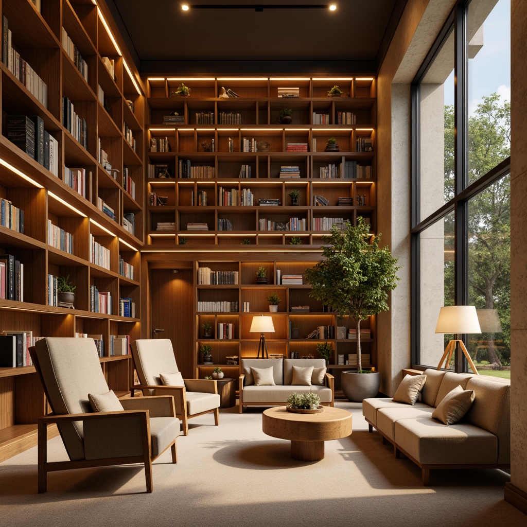 Prompt: Warm wooden bookshelves, comfortable plush armchairs, soft cushioned sofas, rounded coffee tables, elegant floor lamps, warm beige carpets, natural stone walls, tall windows with diffused lighting, quiet reading nooks, acoustic paneling, minimalist decor, modern library architecture, subtle color schemes, warm atmospheric lighting, shallow depth of field, 1/1 composition, intimate setting, realistic textures, ambient occlusion.