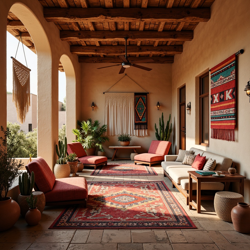 Prompt: Vibrant Southwestern craft room, rich cultural heritage, traditional textiles, colorful woven blankets, geometric patterned rugs, rustic wooden furniture, earthy terracotta pots, natural stone walls, adobe-inspired architecture, warm golden lighting, soft ambient glow, shallow depth of field, 3/4 composition, panoramic view, realistic textures, ambient occlusion, plush pillows, Navajo-inspired fabrics, turquoise accents, woven baskets, macrame wall hangings, desert botanicals.