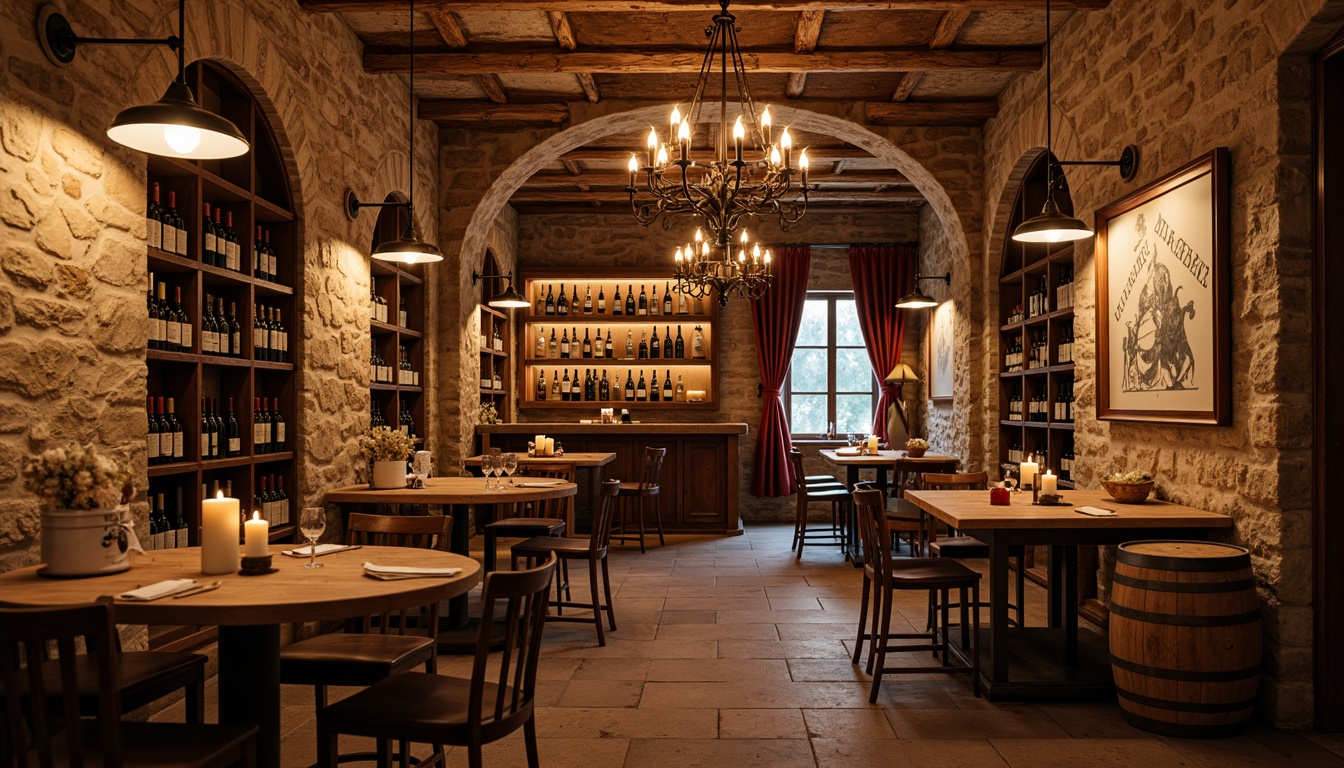 Prompt: Rustic wine cellar, soft warm glow, vintage metal chandeliers, distressed wood accents, earthy stone walls, dimmable pendant lamps, candlelit tables, rich velvet drapes, antique wooden barrels, wine bottle displays, ornate metalwork, creamy whites, weathered woods, aged brick arches, ambient mood lighting, softbox illumination, 1/1 composition, warm color palette, realistic textures, subtle shadows.