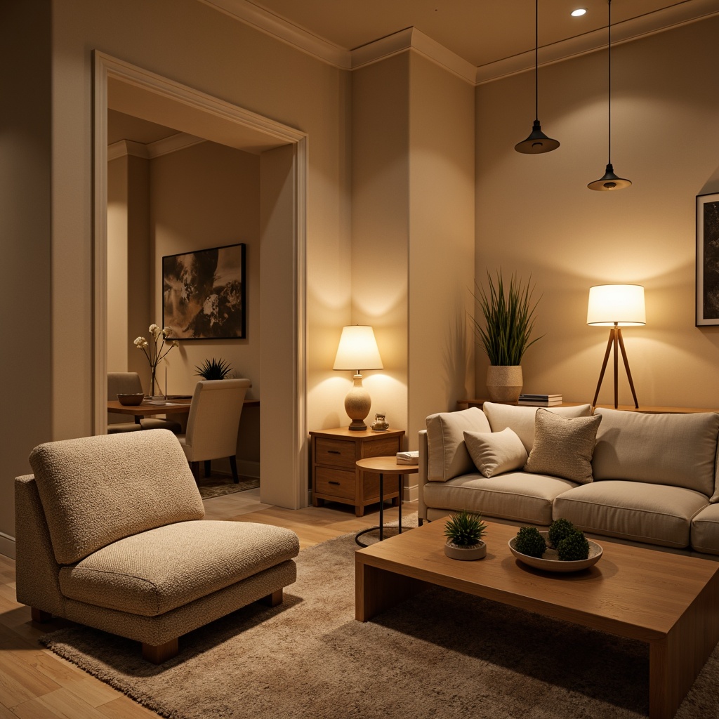 Prompt: Cozy living room, warm beige walls, plush furniture, soft carpeting, floor lamps, table lamps, pendant lights, dimmable LED bulbs, warm white light tone, 2700K color temperature, indirect lighting, layered lighting effect, relaxing atmosphere, calming ambiance, soft shadows, natural textures, wooden accents, earthy tones, organic shapes, minimal ornamentation, subtle pattern play.