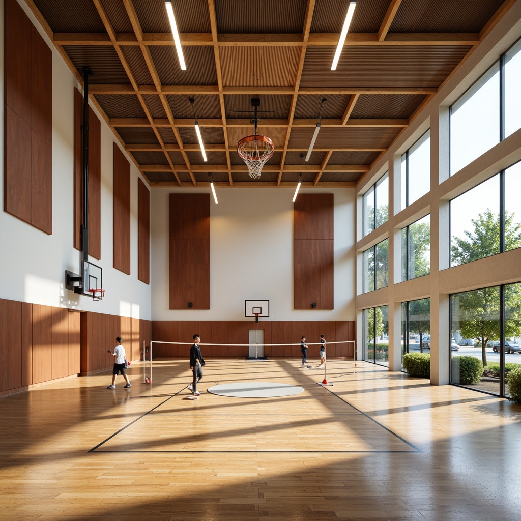 Prompt: Modern gymnasium interior, high ceilings, polished wooden floors, athletic equipment, basketball hoops, volleyball nets, sound-absorbing panels, acoustic diffusers, reverberation reduction systems, clear glass windows, natural daylight, soft warm lighting, 3/4 composition, shallow depth of field, panoramic view, realistic textures, ambient occlusion.