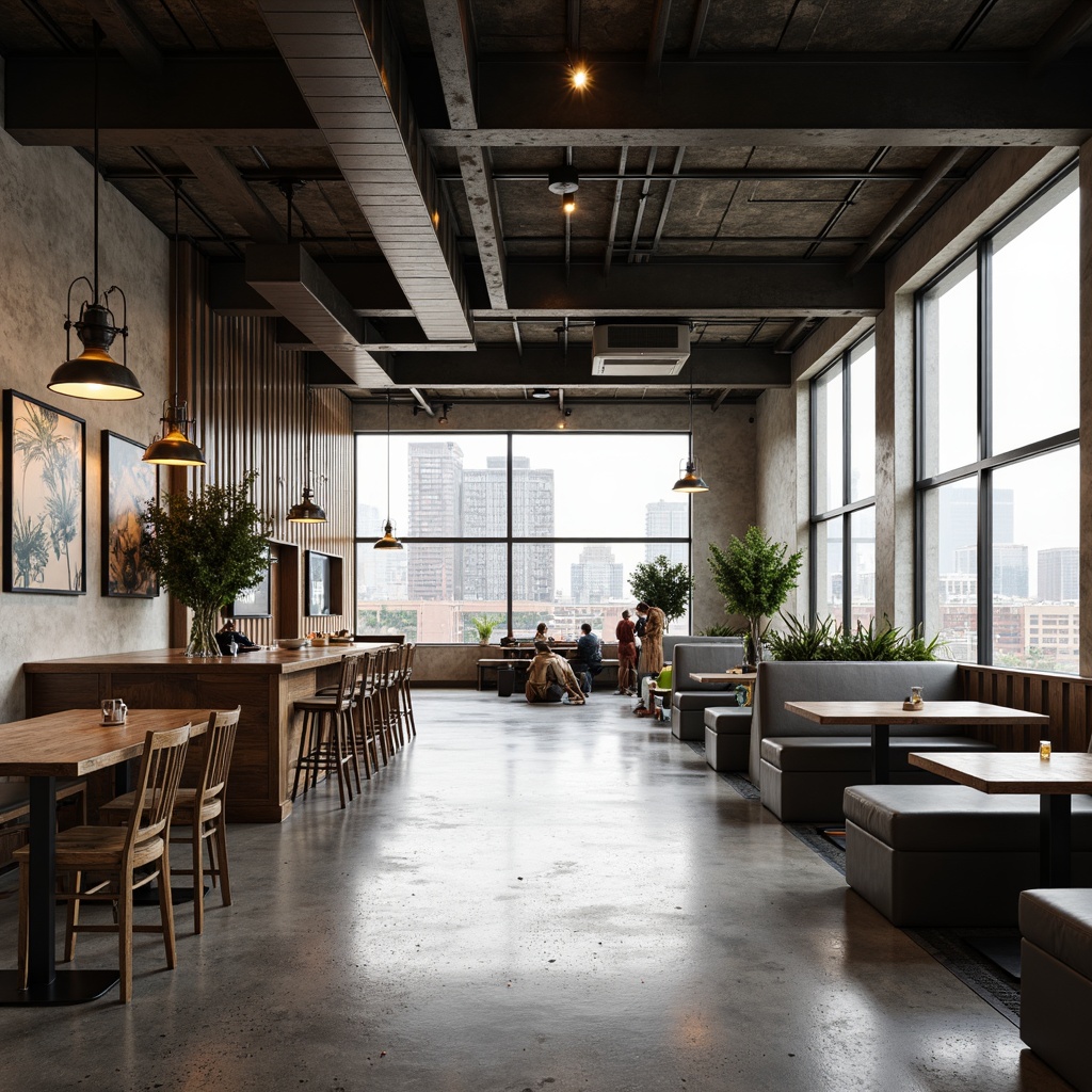 Prompt: Minimalist pub interior, open space layout, polished concrete floors, industrial metal beams, exposed ductwork, reclaimed wood accents, sleek low-profile furniture, neutral color palette, pendant lighting fixtures, geometric patterns, abstract artwork, urban cityscape views, large windows, natural light pouring in, soft warm ambiance, shallow depth of field, 1/1 composition, realistic textures, ambient occlusion.