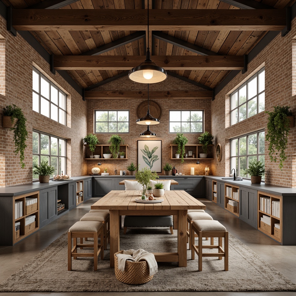 Prompt: Rustic farmhouse, exposed brick walls, reclaimed wood accents, metal beams, vintage industrial lighting, earthy tones, muted greens, weathered woods, distressed finishes, natural textiles, linen fabrics, woven baskets, galvanized metal, wooden crates, aged copper, warm beige, soft gray, creamy whites, rich browns, organic patterns, natural materials, rustic decor, cozy atmosphere, soft warm lighting, shallow depth of field, 3/4 composition, panoramic view.