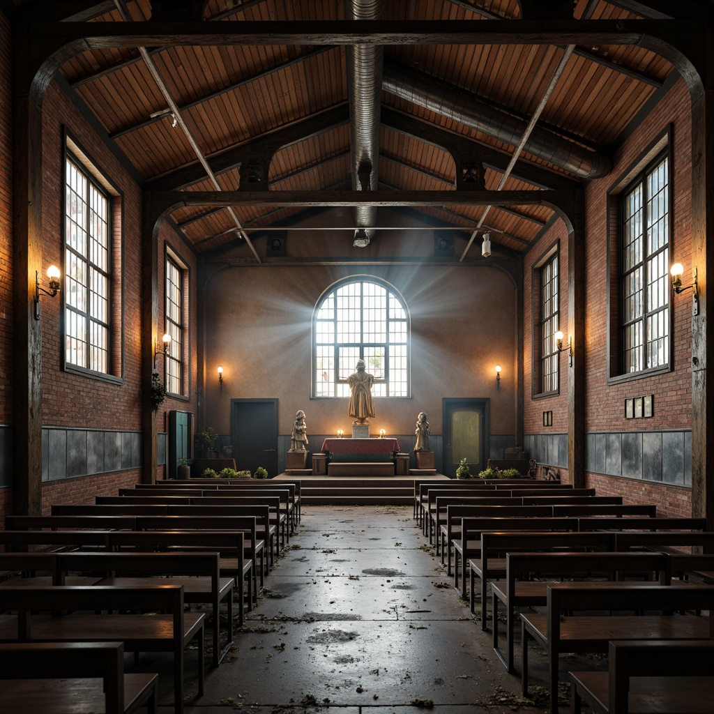 Prompt: Abandoned factory, industrial heritage, rustic metal beams, distressed brick walls, reclaimed wood accents, vintage lighting fixtures, Edison bulbs, exposed ductwork, urban decay, spiritual atmosphere, stained glass windows, vaulted ceilings, ornate altarpieces, pews with metal frames, minimalist decor, dramatic spotlights, warm ambient glow, softbox lighting, 1/2 composition, symmetrical framing, high-contrast imagery, realistic materials, subtle God rays.