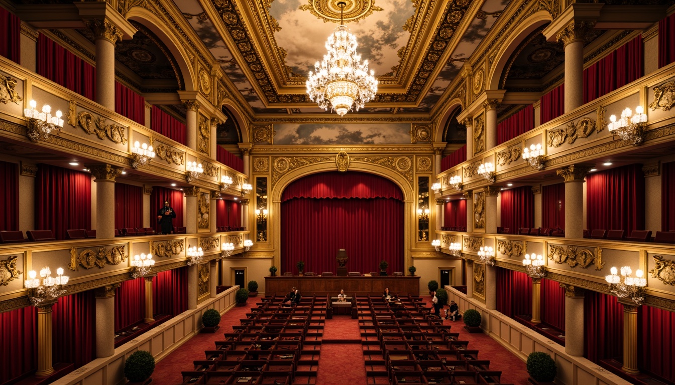 Prompt: Grand opera house interior, ornate chandeliers, intricate moldings, gilded details, velvet curtains, red carpeted stairs, marble floors, Corinthian columns, arches, domes, fresco ceilings, crystal sconces, luxurious fabrics, intricate carvings, sculptural reliefs, golden accents, majestic balconies, grand staircases, opulent furnishings, dramatic lighting, warm color palette, high contrast ratio, cinematic composition, detailed textures, ambient occlusion.