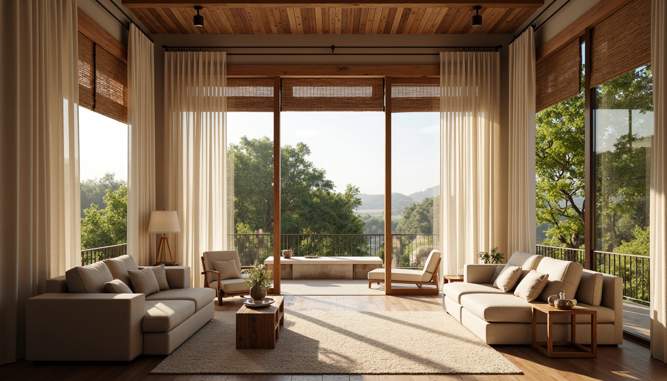 Prompt: Elegant sunroom, floor-to-ceiling windows, sliding glass doors, natural textiles, linen drapes, flowing white curtains, rustic wooden blinds, woven bamboo shades, subtle patterned valances, soft billowy folds, warm golden lighting, cozy seating areas, lush greenery views, outdoor landscape integration, 1/1 composition, shallow depth of field, realistic textures, ambient occlusion.