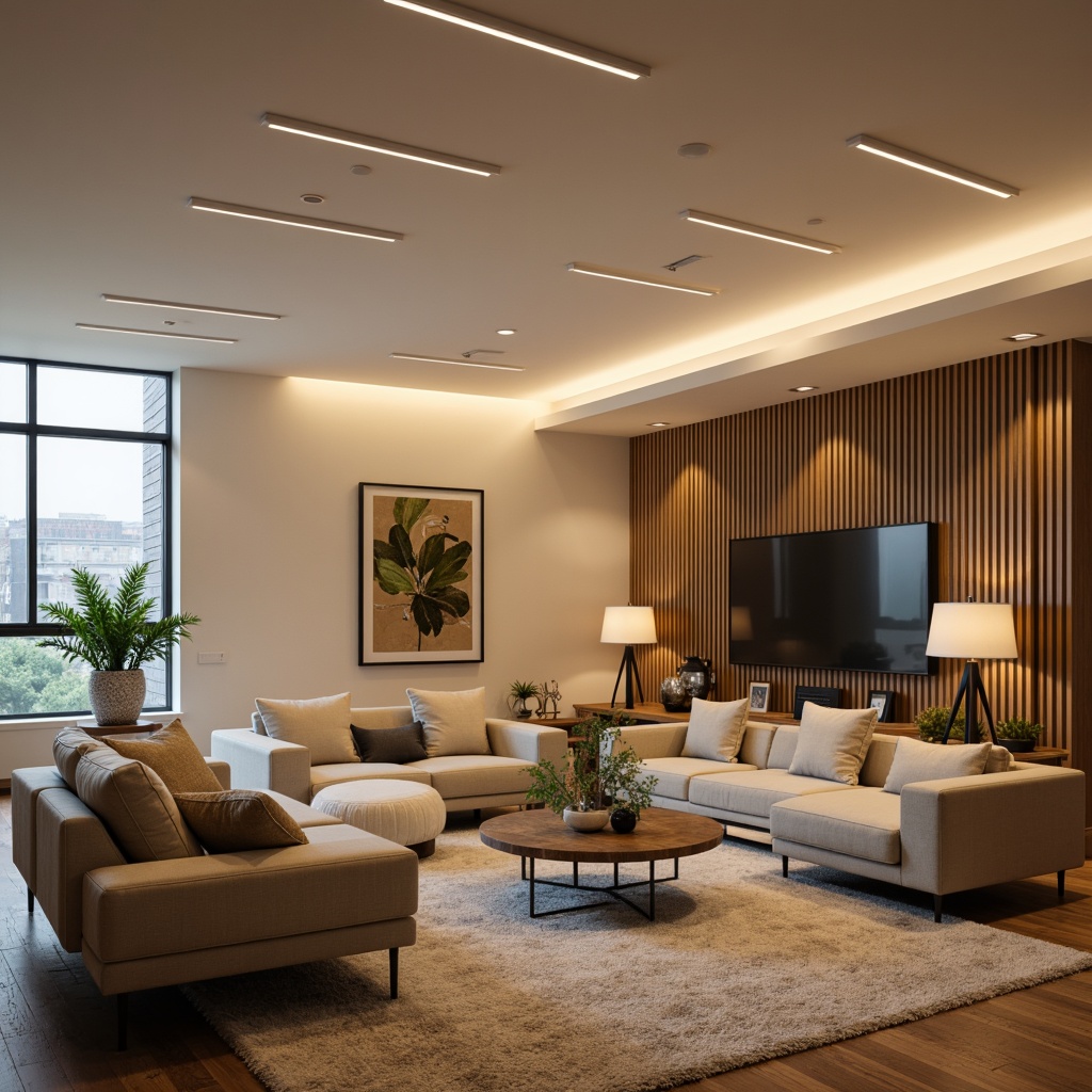 Prompt: Modern living room, sleek ceiling fixtures, recessed lighting, warm ambient glow, LED strip lights, minimalist floor lamps, natural wood accents, creamy white walls, plush area rugs, comfortable sofas, industrial-chic metal decor, urban loft atmosphere, softbox lighting, 1/2 composition, shallow depth of field, realistic textures.