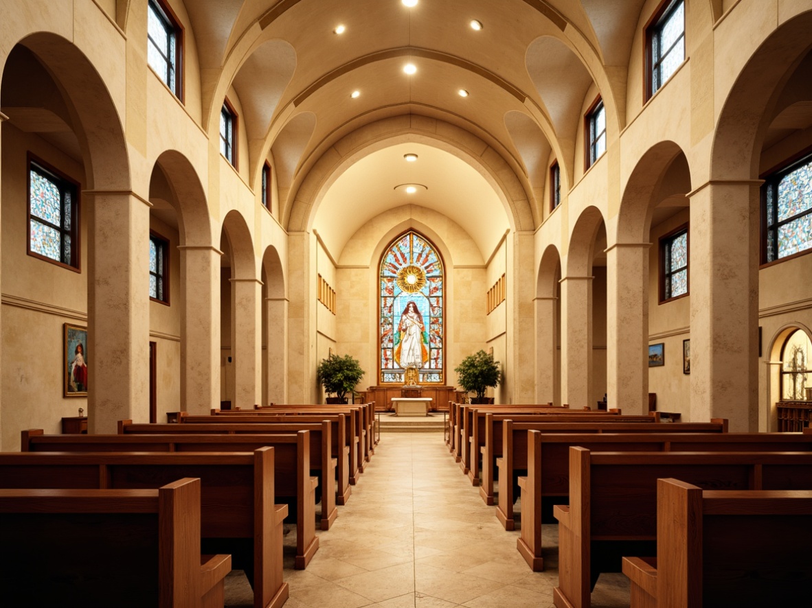 Prompt: Serene worship space, soft warm lighting, calming color palette, beige stone walls, rich wood accents, stained glass windows, vibrant holy symbols, gentle golden hues, creamy white ceilings, elegant arches, ornate details, peaceful atmosphere, subtle texture variations, shallow depth of field, 3/4 composition, realistic renderings, ambient occlusion.