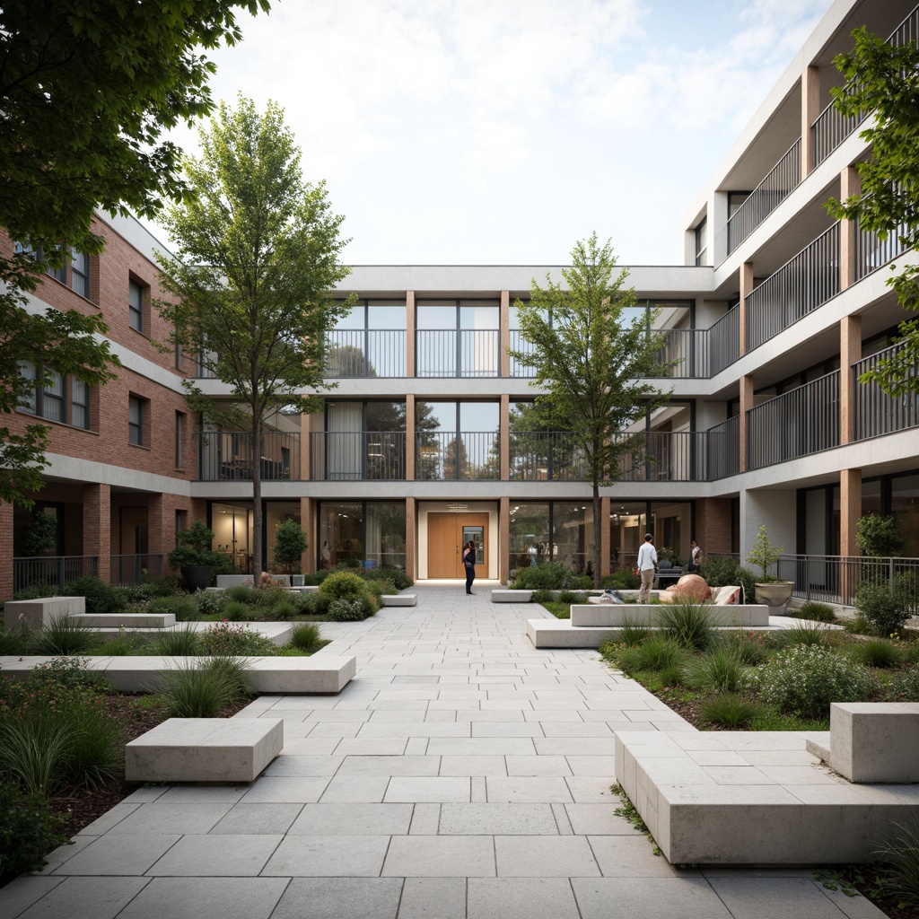 Prompt: Minimalist campus courtyard, open green space, simple walkways, modern benches, subtle lighting, clean lines, sparse vegetation, natural stone pavement, sleek metal railings, geometric planters, abstract sculptures, calm atmosphere, soft morning light, shallow depth of field, 1/1 composition, realistic textures, ambient occlusion.