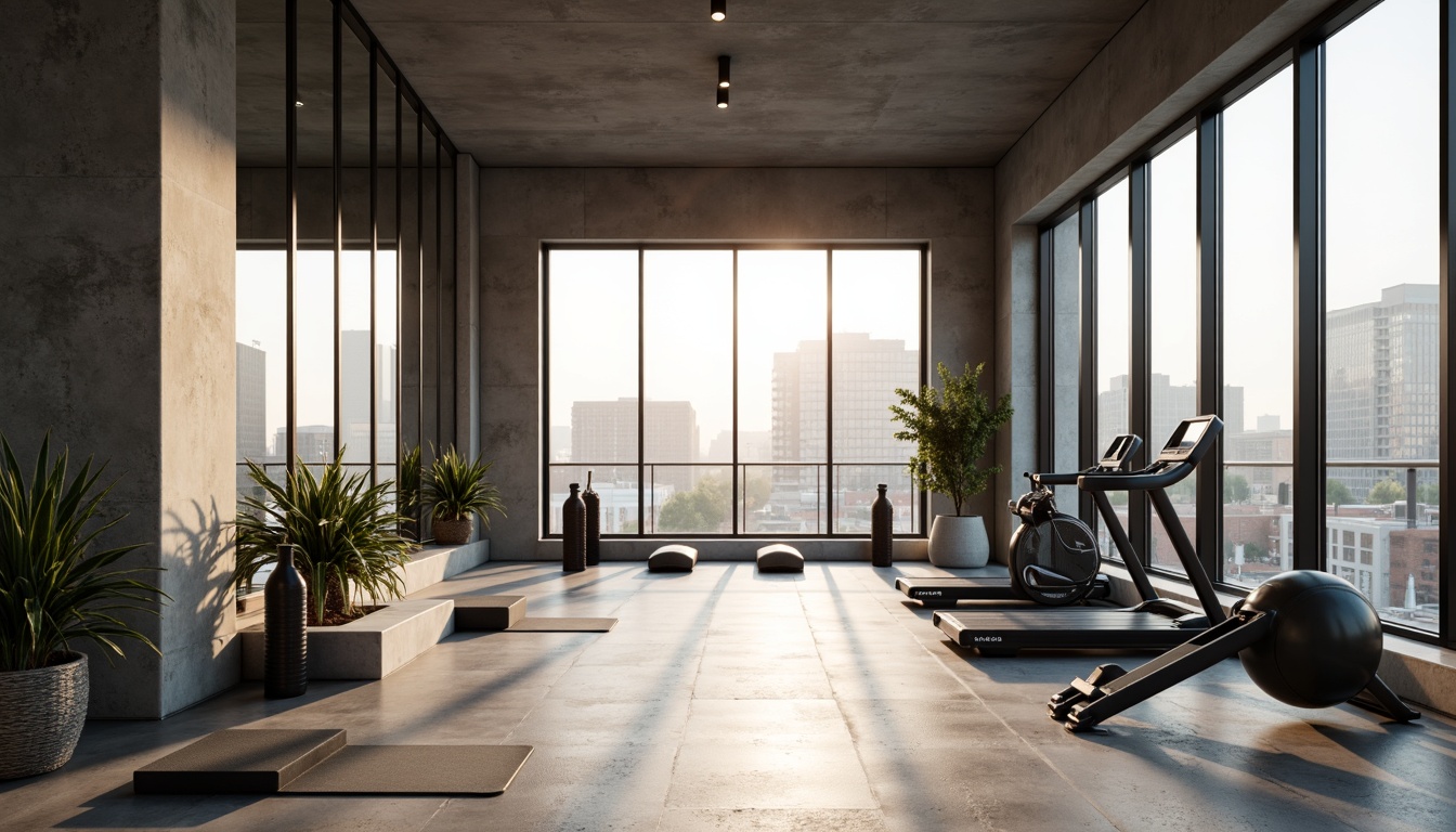 Prompt: Minimalist fitness studio, open space concept, polished concrete floors, mirrored walls, modern exercise equipment, free weights, cardio machines, yoga mats, calm ambiance, natural light, floor-to-ceiling windows, urban cityscape view, morning sunlight, soft warm lighting, 1/1 composition, shallow depth of field, realistic textures, ambient occlusion.