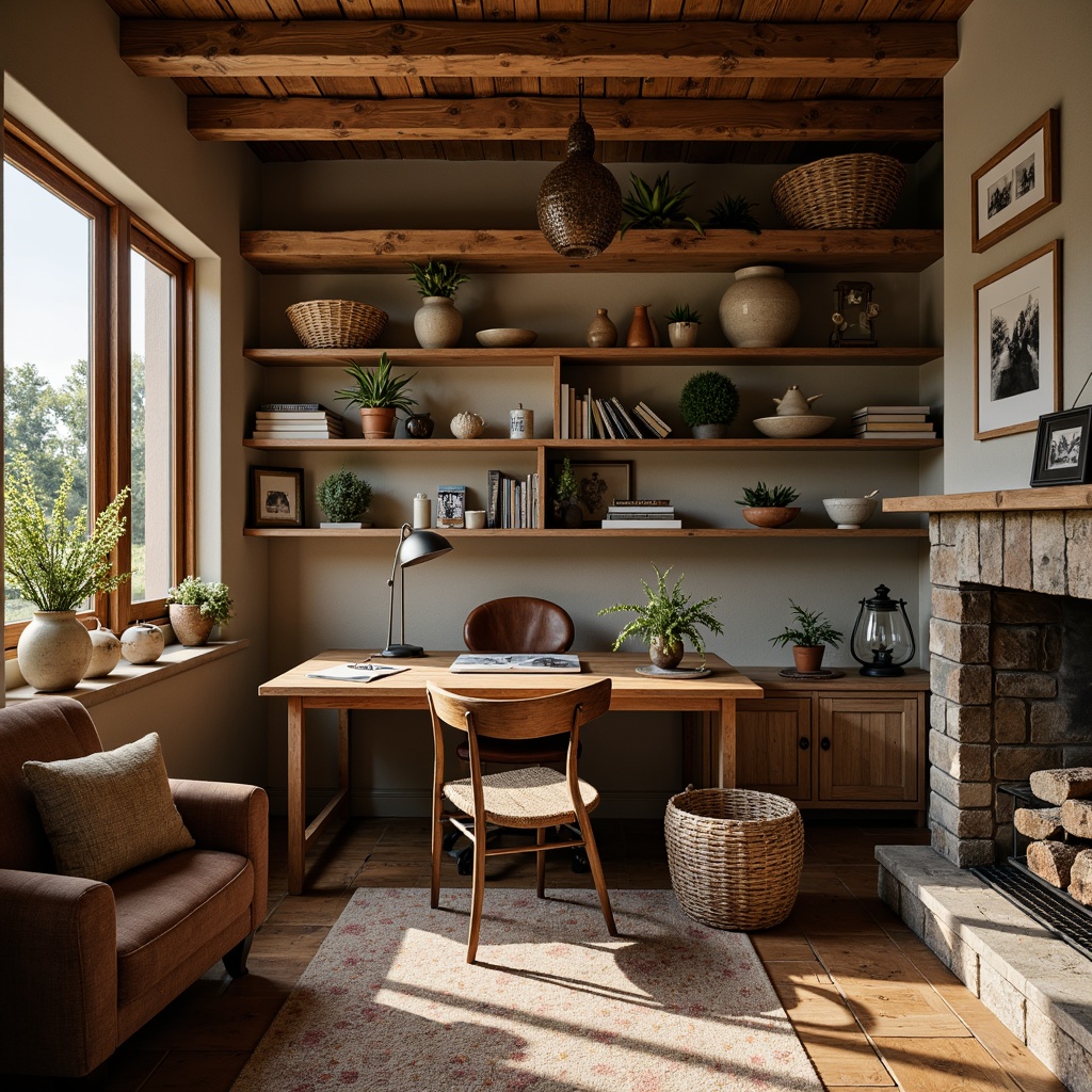 Prompt: Rustic home office, wooden desk, vintage chair, woven basket storage, earthy tone walls, reclaimed wood shelves, metal lantern lighting, natural fiber rug, potted plants, stone fireplace, distressed leather sofa, antique decorative items, warm cozy atmosphere, soft box lighting, 1/1 composition, shallow depth of field, realistic textures.