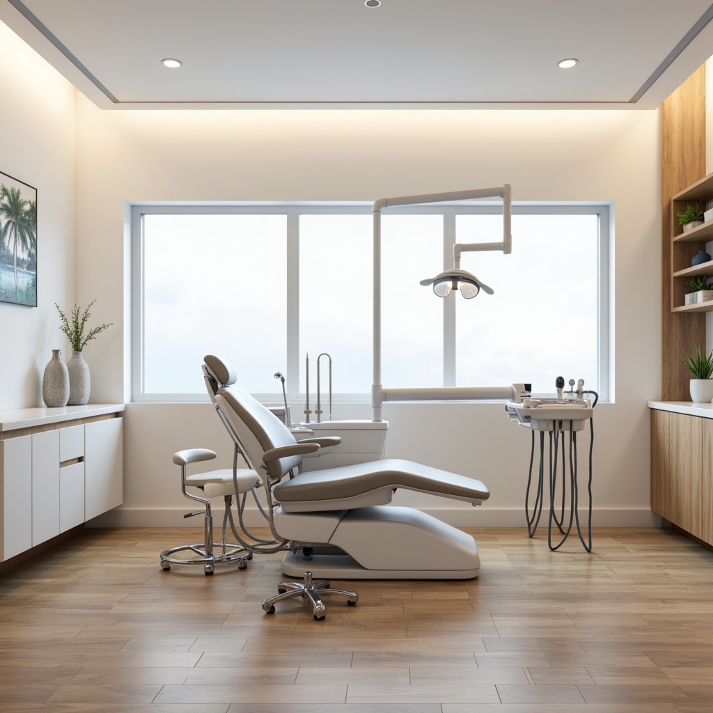 Prompt: Clean lines, minimal decor, white walls, polished chrome fixtures, sleek dental chairs, modern medical equipment, soft warm lighting, indirect illumination, recessed lighting, natural wood accents, calm atmosphere, subtle color palette, creamy whites, pale grays, blues, gentle shadows, shallow depth of field, 2/3 composition, harmonious proportions, realistic textures, ambient occlusion.