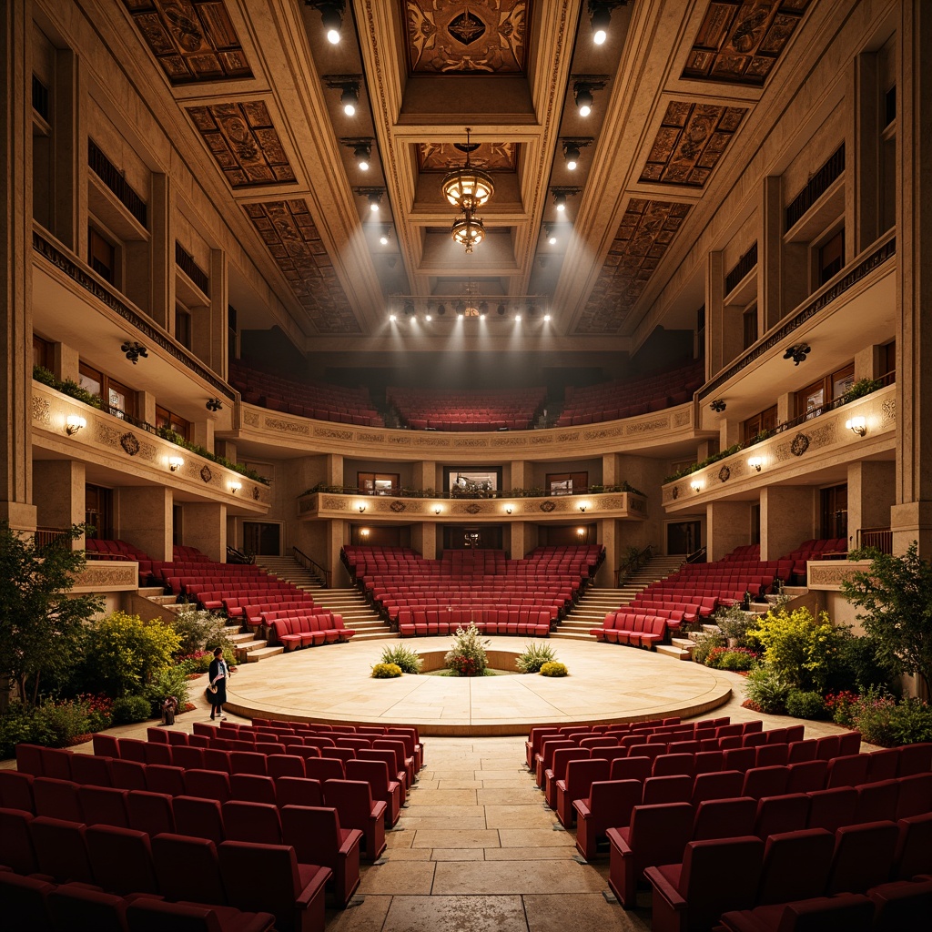 Prompt: Grand amphitheater, tiered seating, ornate stone walls, curved architecture, majestic columns, velvet red seats, polished wooden floors, intricate ceiling patterns, warm golden lighting, dramatic spotlights, shallow depth of field, 1/1 composition, realistic textures, ambient occlusion, lush greenery, blooming flowers, serene atmosphere, soft natural sounds.