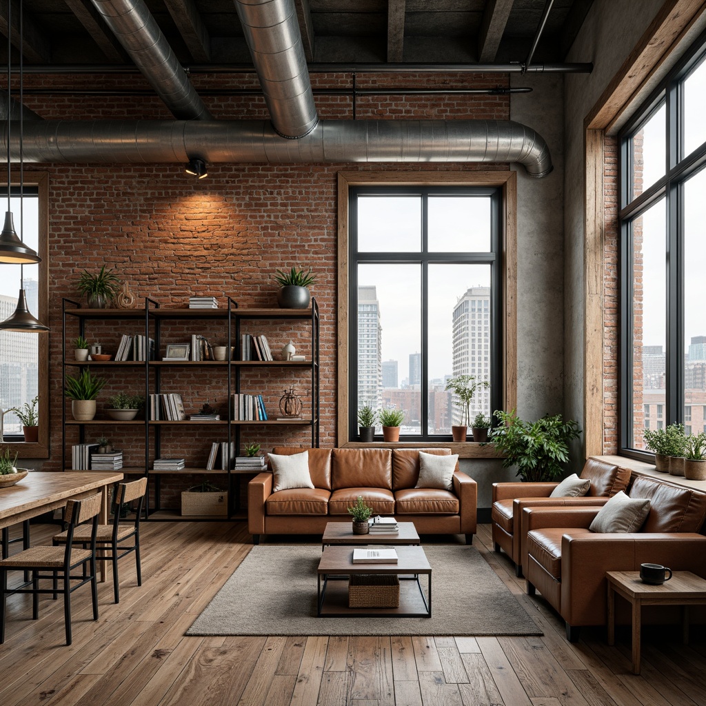 Prompt: Exposed brick walls, metal beams, industrial pendant lights, reclaimed wood flooring, distressed leather sofas, vintage factory chairs, metal shelving units, exposed ductwork, urban city views, large windows, concrete columns, minimalist decor, functional furniture, neutral color palette, soft warm lighting, shallow depth of field, 3/4 composition, realistic textures, ambient occlusion.