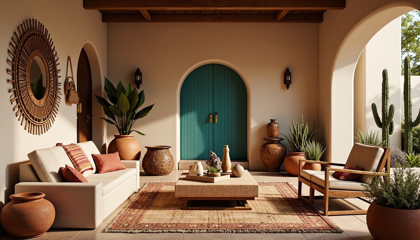 Prompt: Southwestern-style living room, earthy tones, terracotta pots, woven textiles, geometric patterns, natural fiber rugs, reclaimed wood accents, adobe-inspired architecture, warm beige walls, vibrant turquoise hues, rustic metal decorations, potted cacti, desert botanicals, soft warm lighting, shallow depth of field, 3/4 composition, realistic textures, ambient occlusion.