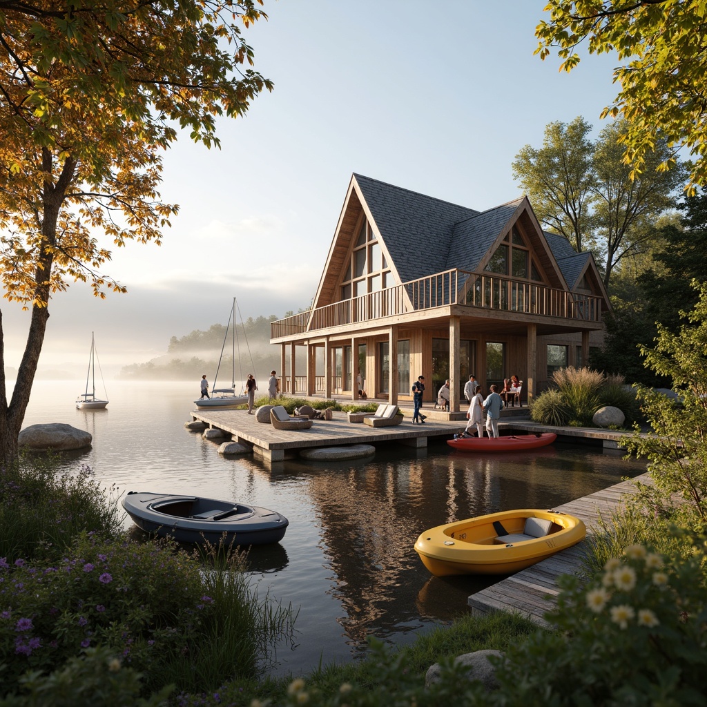 Prompt: Rustic boathouse, Scandinavian style, wooden accents, natural materials, cozy atmosphere, abundant open space, panoramic lake views, serene waterfront setting, misty morning fog, warm golden lighting, shallow depth of field, 1/1 composition, realistic textures, ambient occlusion, wooden dock, sailboats, kayaks, fishing nets, lush greenery, wildflowers, birdhouses, weathered wood, driftwood decorations, nautical ropes, marine-inspired colors, earthy tones.