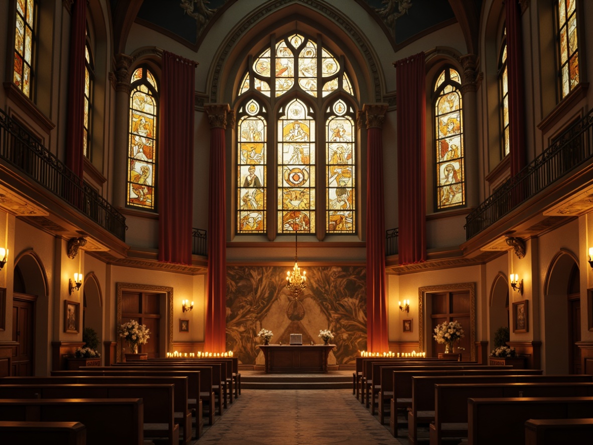 Prompt: Dramatic stained glass windows, warm golden lighting, mysterious candlelit ambiance, grand high ceilings, intricate stone carvings, ornate wooden furnishings, rich velvet drapes, mystical symbolic murals, eerie shadows, atmospheric fog effects, subtle color grading, high contrast ratios, cinematic camera angles, symmetrical compositions, detailed texture rendering, realistic material reflections.