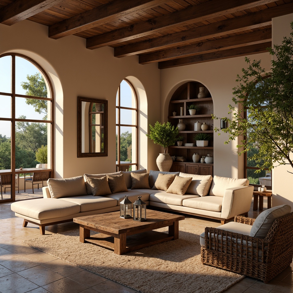 Prompt: Cozy Mediterranean-style game room, warm beige walls, dark wood accents, comfortable sectional sofa, plush pillows, rustic wooden coffee table, vintage metal lanterns, earthy-toned area rug, natural stone flooring, large windows with arched openings, soft drapery, ambient lighting, warm color palette, rich textures, ornate mirrors, distressed wood shelves, woven rattan furniture, potted olive trees, scenic outdoor views, sunny afternoon, warm golden lighting, shallow depth of field, 2/3 composition, realistic render.