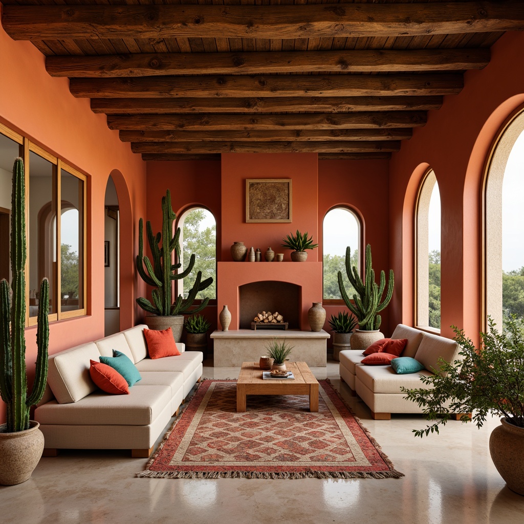 Prompt: Warm terracotta walls, rich turquoise accents, soft sandy beige floors, vibrant coral hues, natural woven textiles, rustic wooden beams, earthy pottery vases, geometric patterned rugs, plush desert-inspired furnishings, warm golden lighting, cozy fireplace nook, lush greenery, sprawling cacti, panoramic windows, 1/1 composition, shallow depth of field, soft warm glow.