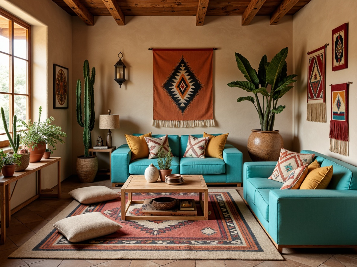 Prompt: Vibrant turquoise accents, woven Navajo-inspired rugs, distressed wooden furniture, earthy terracotta pots, colorful tapestries, macrame wall hangings, woven basket storage, rustic metal lanterns, potted cacti, geometric patterned throw pillows, warm sandy beige walls, reclaimed wood shelves, natural fiber upholstery, Southwestern-style pottery, hand-carved wooden decorative accents, warm golden lighting, 1/1 composition, intimate cozy atmosphere.