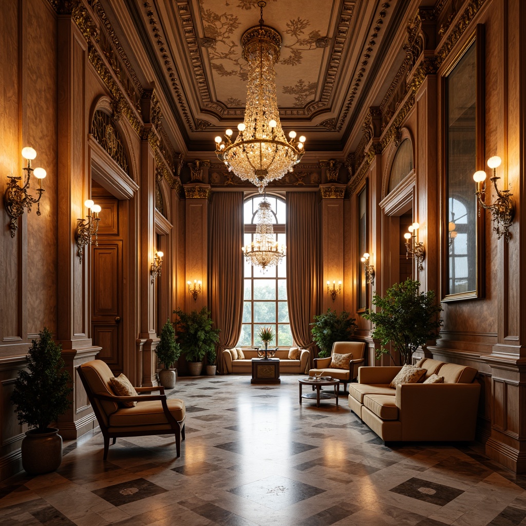 Prompt: Elegant neoclassical interior, ornate moldings, intricate carvings, rich wood paneling, luxurious fabrics, lavish chandeliers, crystal sconces, marble flooring, ornamental columns, grandiose archways, symmetrical compositions, soft warm lighting, subtle color palette, textured wallpaper, metallic accents, gilded details, refined patterns, sophisticated ambiance, 1/1 composition, shallow depth of field, realistic textures, ambient occlusion.