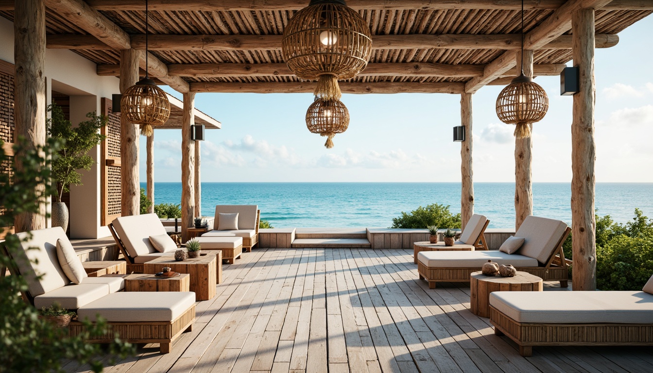 Prompt: Warm beachy atmosphere, driftwood accents, sea salt air, soft blue hues, nautical rope details, rustic metal lanterns, glass pendant lights, woven rattan shades, distressed wood beams, coral-inspired patterns, ocean breeze, sunny day, shallow depth of field, 1/1 composition, realistic textures, ambient occlusion.