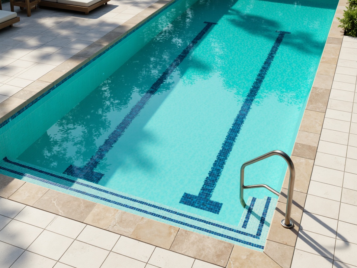 Prompt: Vibrant turquoise lane lines, sleek stainless steel handrails, creamy white pool deck, warm beige limestone coping, cobalt blue water, subtle wave patterns, modern geometric tile design, LED lighting, morning sunlight, shallow depth of field, 1/1 composition, realistic reflections, ambient occlusion.