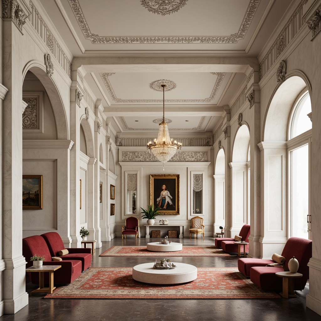 Prompt: Elegant neoclassical interior, ornate moldings, intricate carvings, white marble columns, grand archways, luxurious furnishings, rich velvet fabrics, crystal chandeliers, gilded frames, subtle color palette, soft warm lighting, shallow depth of field, 1/1 composition, realistic textures, ambient occlusion.