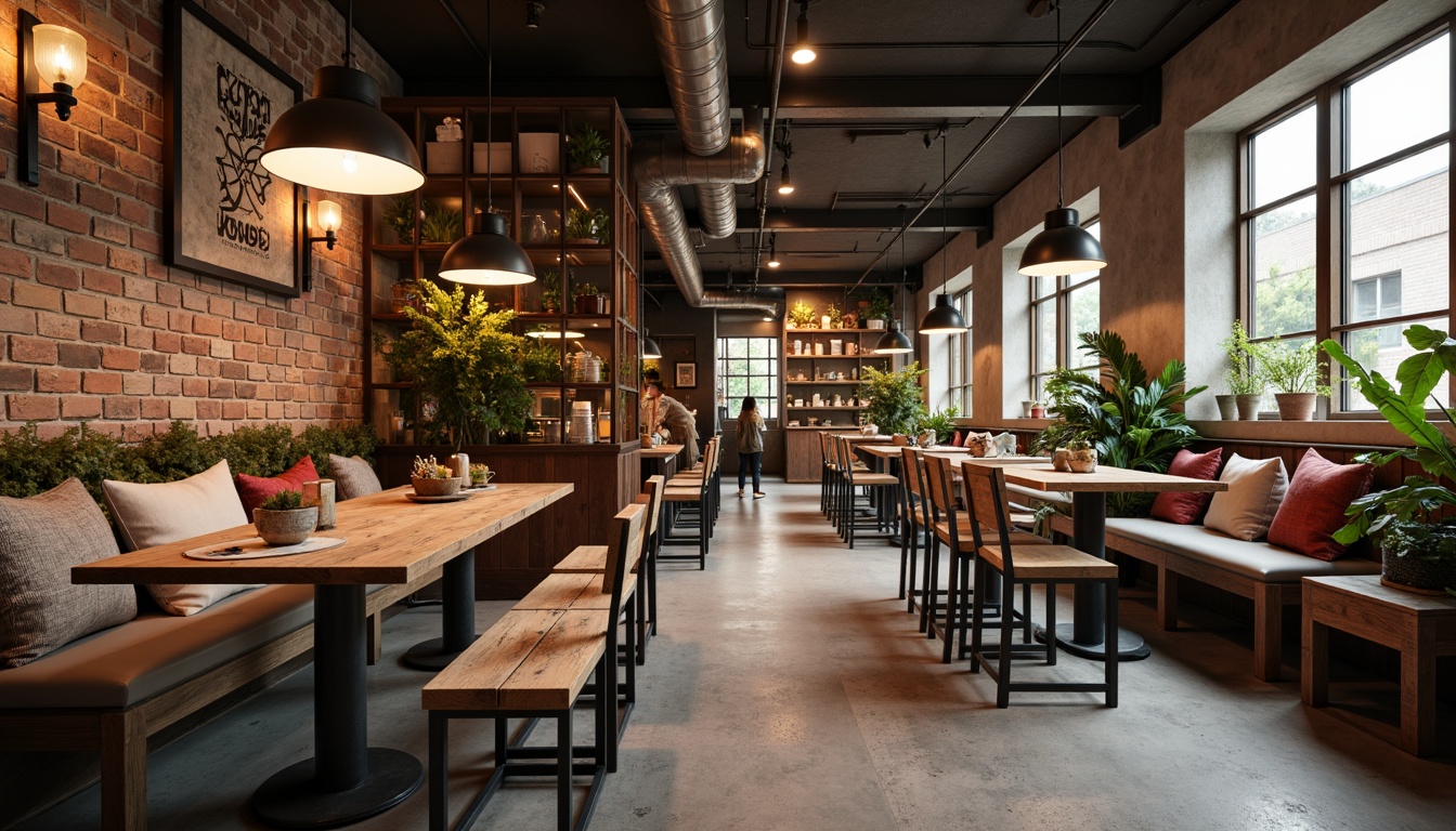 Prompt: Rustic breakfast nook, industrial-style decor, reclaimed wood benches, metal-legged tables, distressed finishes, vintage factory lights, exposed brick walls, concrete floors, urban loft ambiance, natural textiles, earthy color palette, warm morning lighting, shallow depth of field, 1/2 composition, realistic metallic reflections, ambient occlusion.