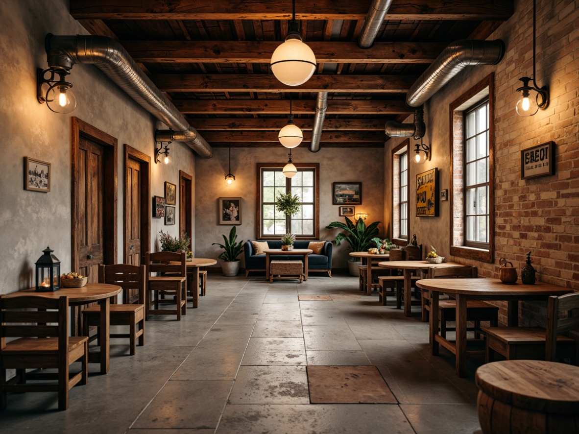 Prompt: Rustic farmhouse interior, industrial metal accents, distressed wood beams, exposed brick walls, vintage metal signs, reclaimed wood furniture, Edison bulb lighting, metal lanterns, galvanized pipes, wooden crates, natural stone floors, earthy color palette, warm soft lighting, shallow depth of field, 1/1 composition, realistic textures, ambient occlusion.