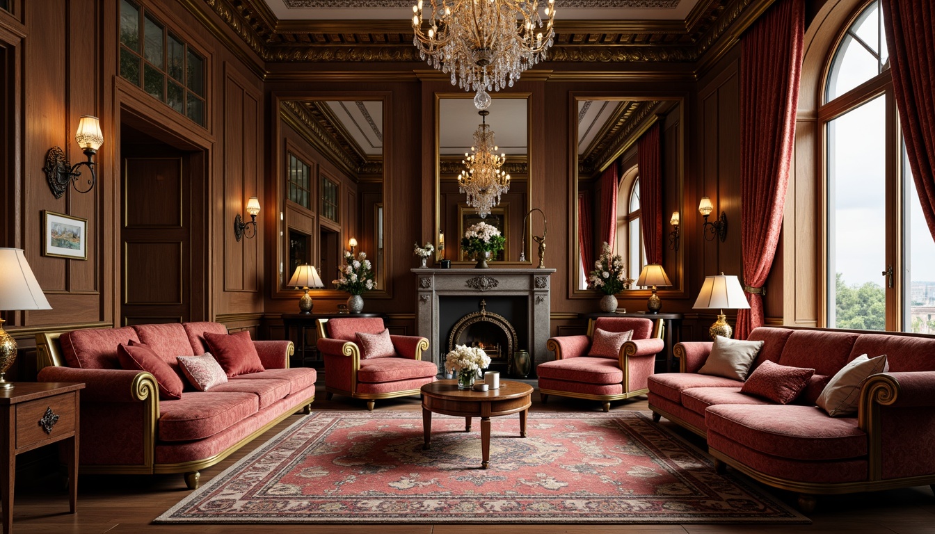 Prompt: Luxurious velvet sofas, intricately carved wooden furniture, ornate gilded frames, richly patterned rugs, crystal chandeliers, grandiose mirrors, opulent drapery, lavish marble fireplaces, majestic high ceilings, intricate molding details, dramatic archways, soft warm lighting, 1/1 composition, realistic textures, ambient occlusion.