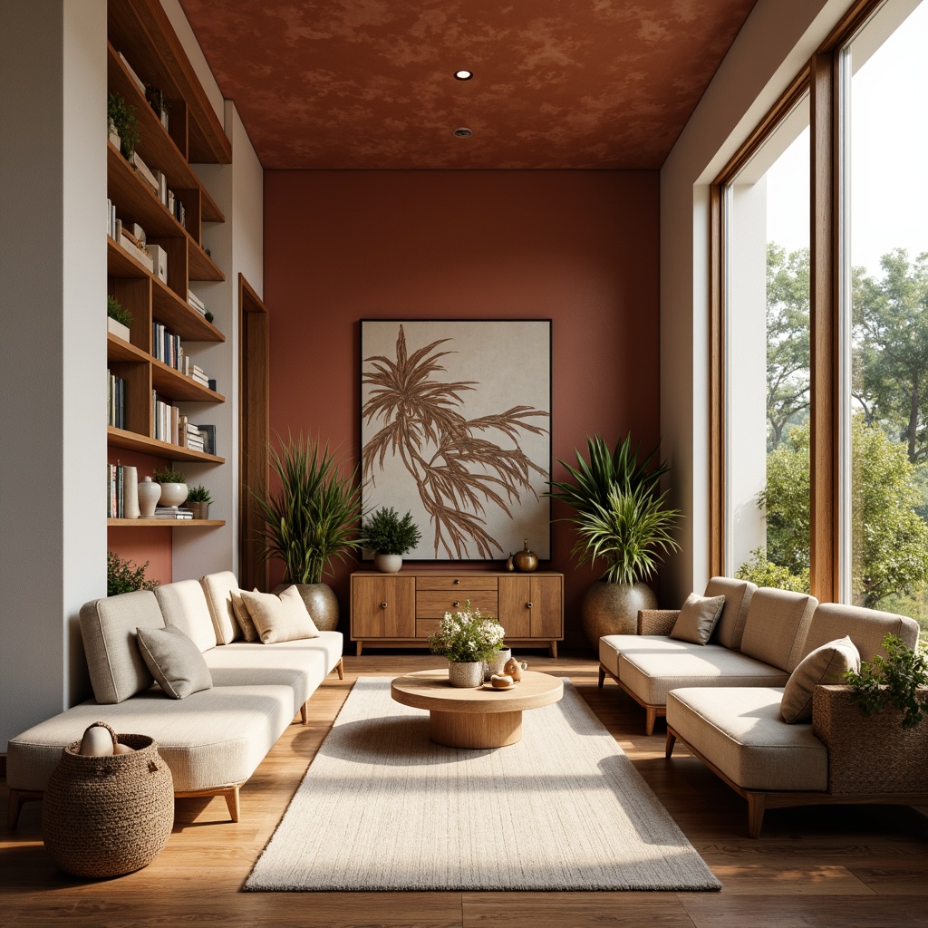 Prompt: Richly textured walls, earthy terracotta tones, soft creamy whites, warm beige accents, luxurious velvet fabrics, metallic gold hardware, natural wood flooring, subtle linen patterns, cozy reading nooks, floor-to-ceiling windows, abundant greenery, organic shapes, calming ambiance, soft diffused lighting, 1/1 composition, intimate atmosphere, realistic materials, ambient occlusion.