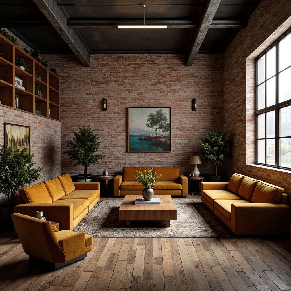 Prompt: Vintage factory setting, industrial-chic ambiance, distressed brick walls, metal beams, reclaimed wood floors, Art Deco-inspired furniture, geometric patterns, metallic accents, luxurious velvety upholstery, rich wood tones, ornate decorative fixtures, soft warm lighting, shallow depth of field, 1/1 composition, realistic textures, ambient occlusion.