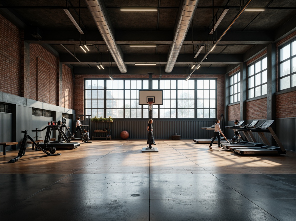 Prompt: Industrial-style gymnasium interior, exposed steel beams, polished concrete floors, metal pipes, urban loft atmosphere, high ceilings, large windows, natural light, athletic equipment, basketball hoops, treadmills, free weights, wooden flooring, modern industrial lighting, minimalist decor, raw unfinished textures, moody color palette, dramatic shadows, 1/1 composition, low-angle shot, cinematic mood, ambient occlusion.