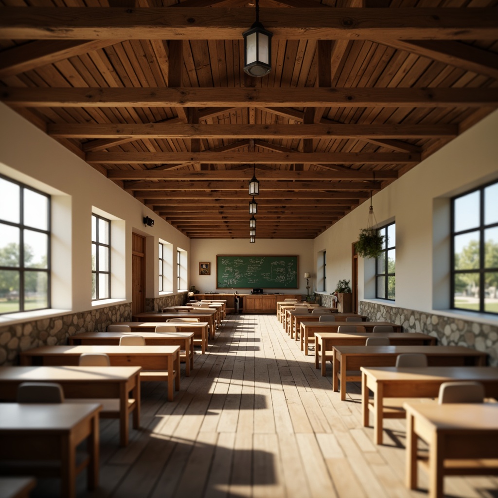 Prompt: Rustic high school building, exposed wooden beams, farmhouse-inspired architecture, vintage metal lanterns, reclaimed wood accents, earthy color palette, natural stone walls, wooden classroom furniture, distressed wood textures, warm cozy lighting, shallow depth of field, 1/1 composition, realistic render, soft focus effect, afternoon sunlight, ambient occlusion.