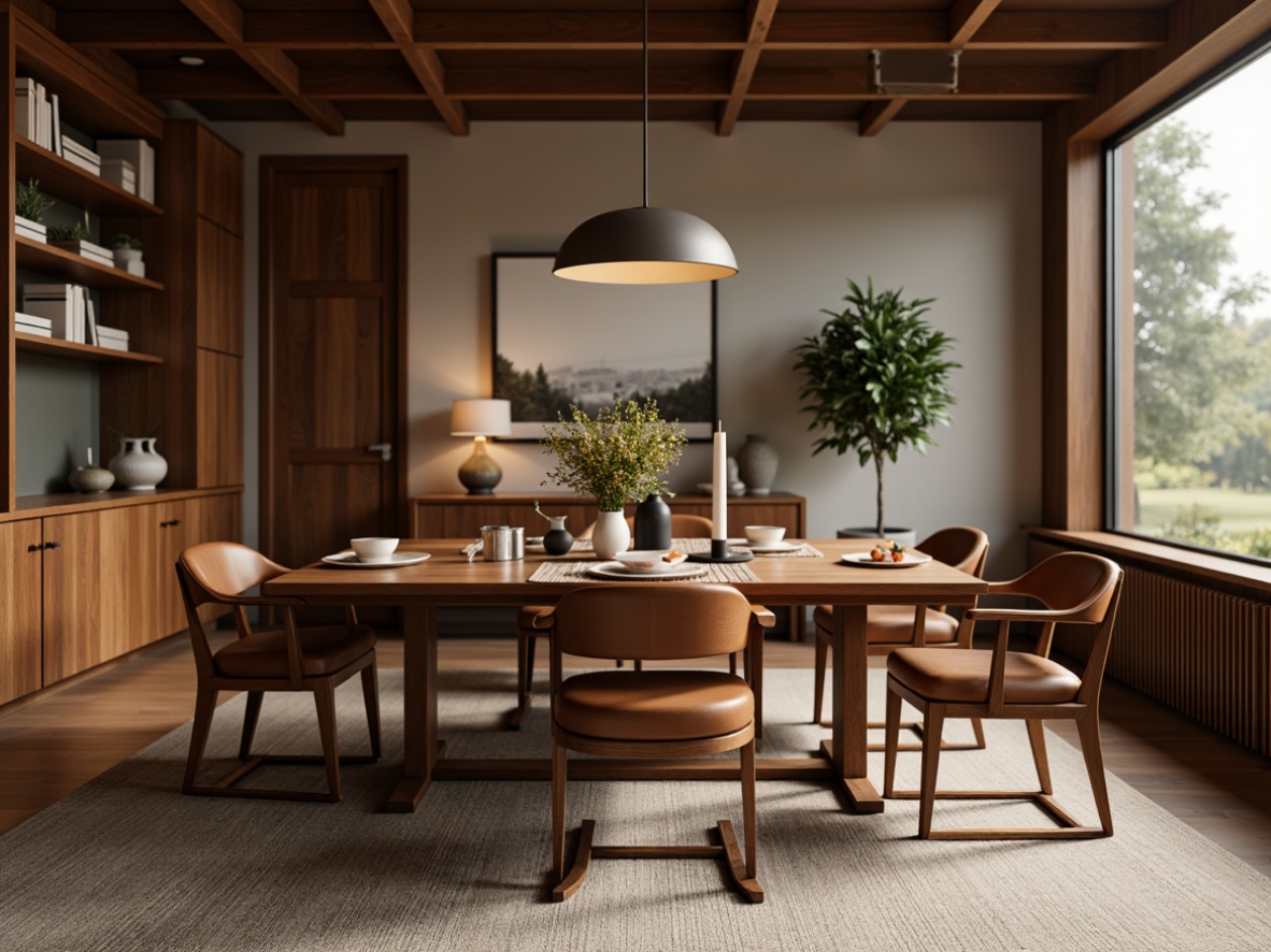 Prompt: Mid-century modern dining room, walnut wood furniture, curved lines, tapered legs, tufted upholstery, rich leather chairs, geometric patterns, minimal ornamentation, natural textiles, earthy color palette, warm ambient lighting, pendant lamp, 3/4 composition, shallow depth of field, realistic textures, ambient occlusion.