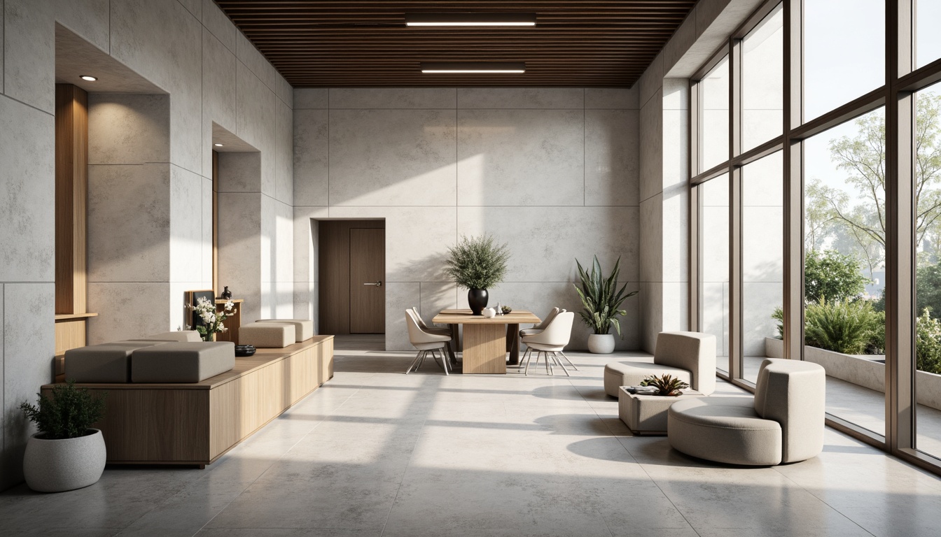 Prompt: Minimalist bank interior, textured walls, natural stone materials, monochromatic color palette, sleek metal accents, modern minimalist furniture, open-plan layout, abundant natural light, floor-to-ceiling windows, subtle LED lighting, shallow depth of field, 1/1 composition, realistic textures, ambient occlusion.