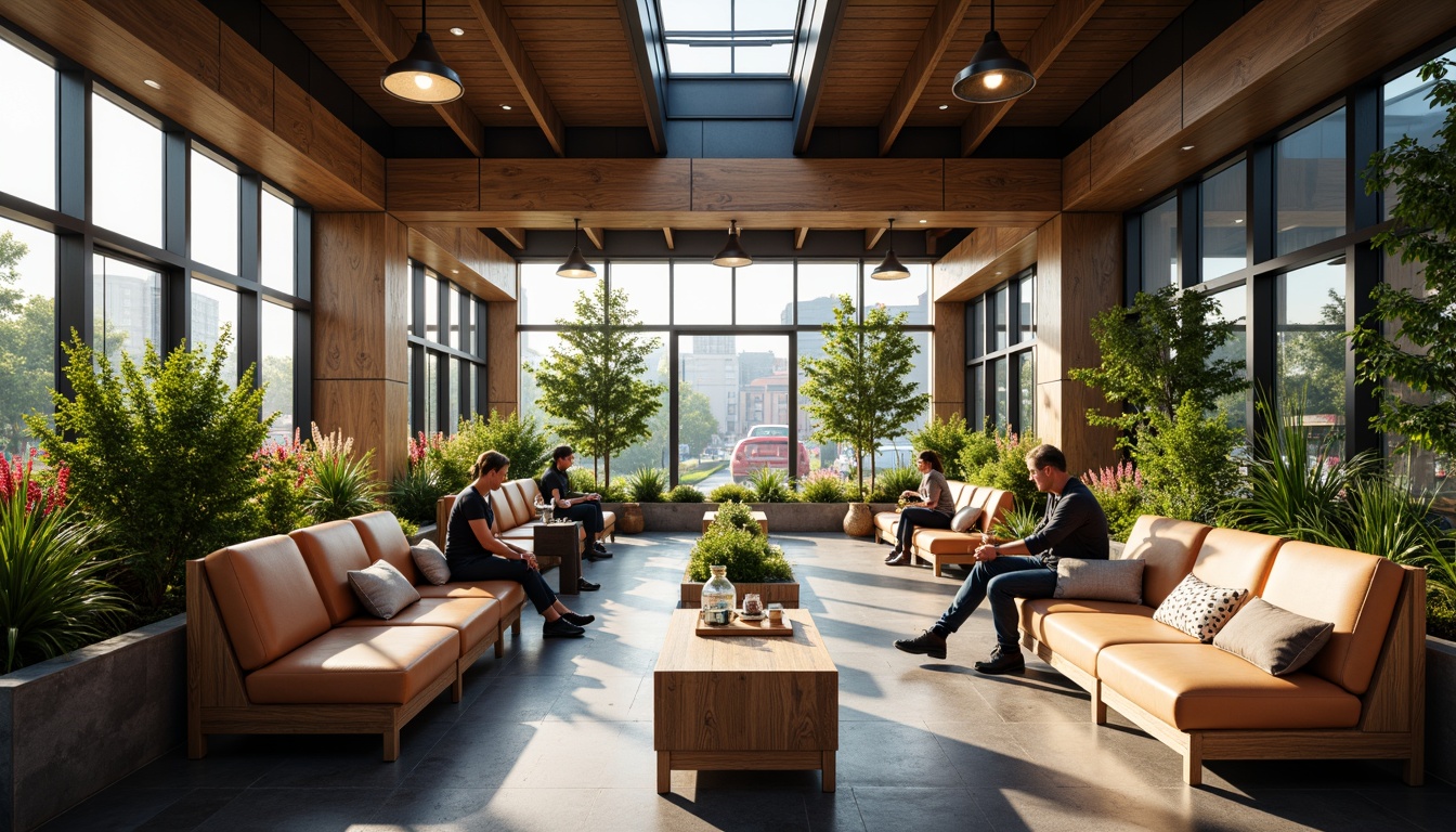 Prompt: Cozy waiting lounge, wooden benches, soft cushioning, gentle lighting, calming colors, warm atmosphere, modern train station design, sleek metal beams, large windows, natural stone floors, lush greenery, vibrant flowers, comfortable seating areas, relaxed travelers, quiet ambiance, shallow depth of field, 3/4 composition, panoramic view, realistic textures, ambient occlusion.