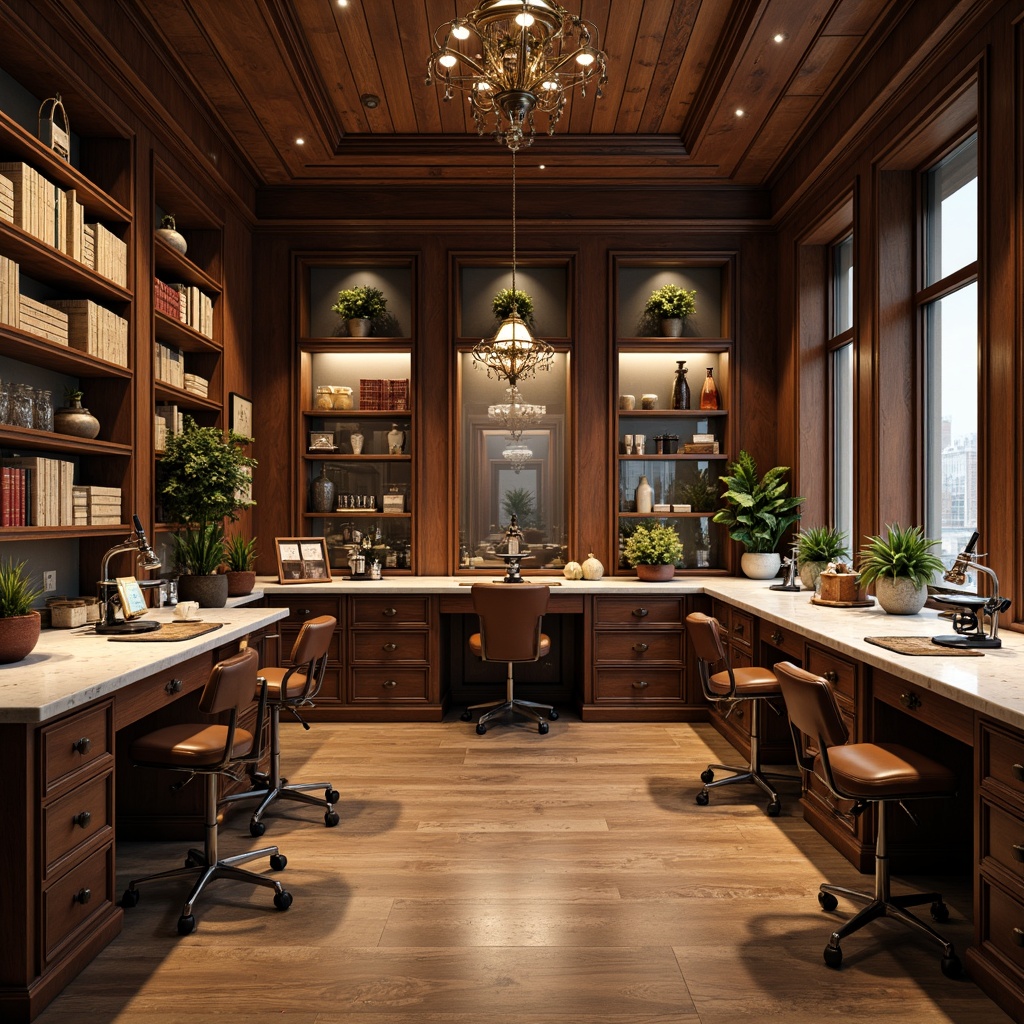 Prompt: Elegant laboratory, rich wood tones, polished marble countertops, ornate metal fixtures, comfortable ergonomic chairs, sleek modular workstations, antique-inspired scientific instruments, vintage microscopes, distressed leather-bound tomes, soft warm lighting, shallow depth of field, 3/4 composition, panoramic view, realistic textures, ambient occlusion.