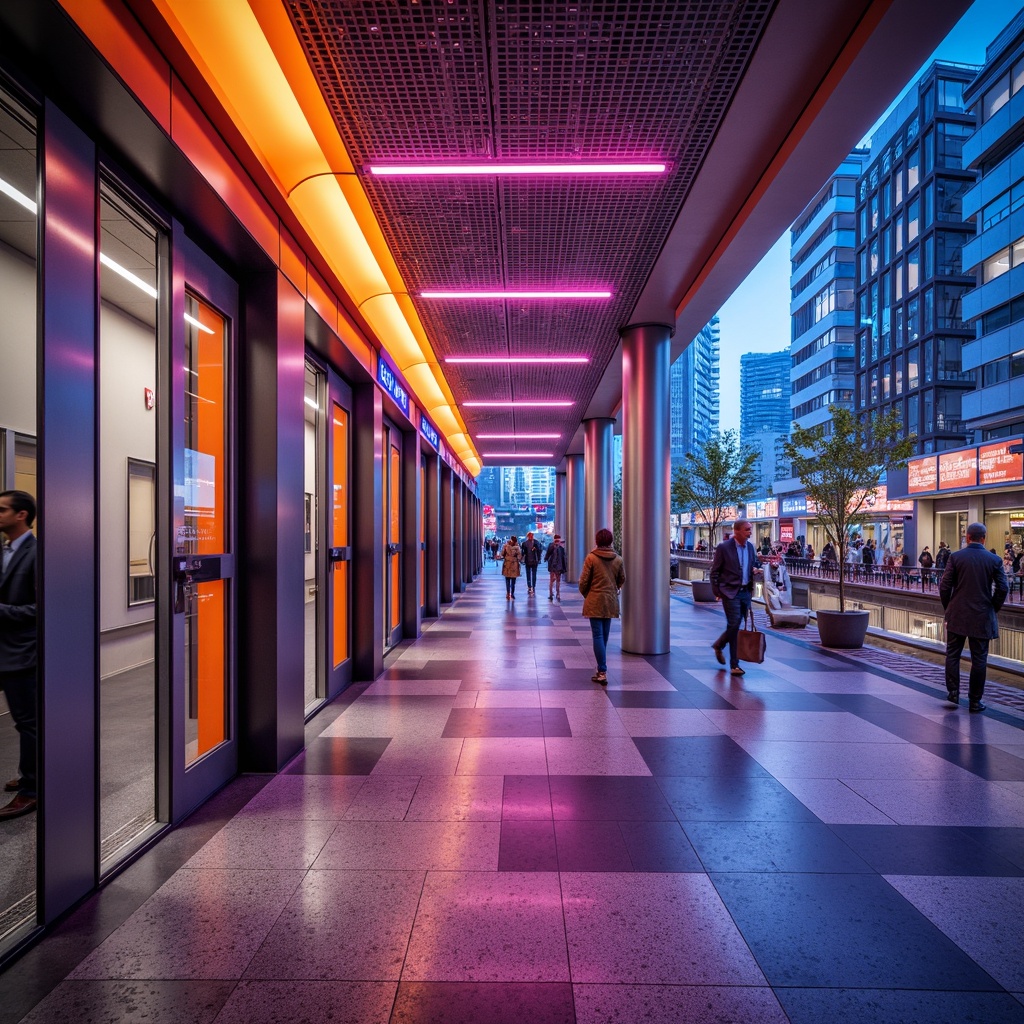 Prompt: Vibrant train station, modern architecture, bold color accents, dynamic LED lighting, futuristic escalators, sleek metal handrails, polished marble floors, geometric patterned ceilings, natural stone walls, urban cityscape views, busy commuter atmosphere, warm ambient lighting, shallow depth of field, 1/1 composition, realistic textures, ambient occlusion.