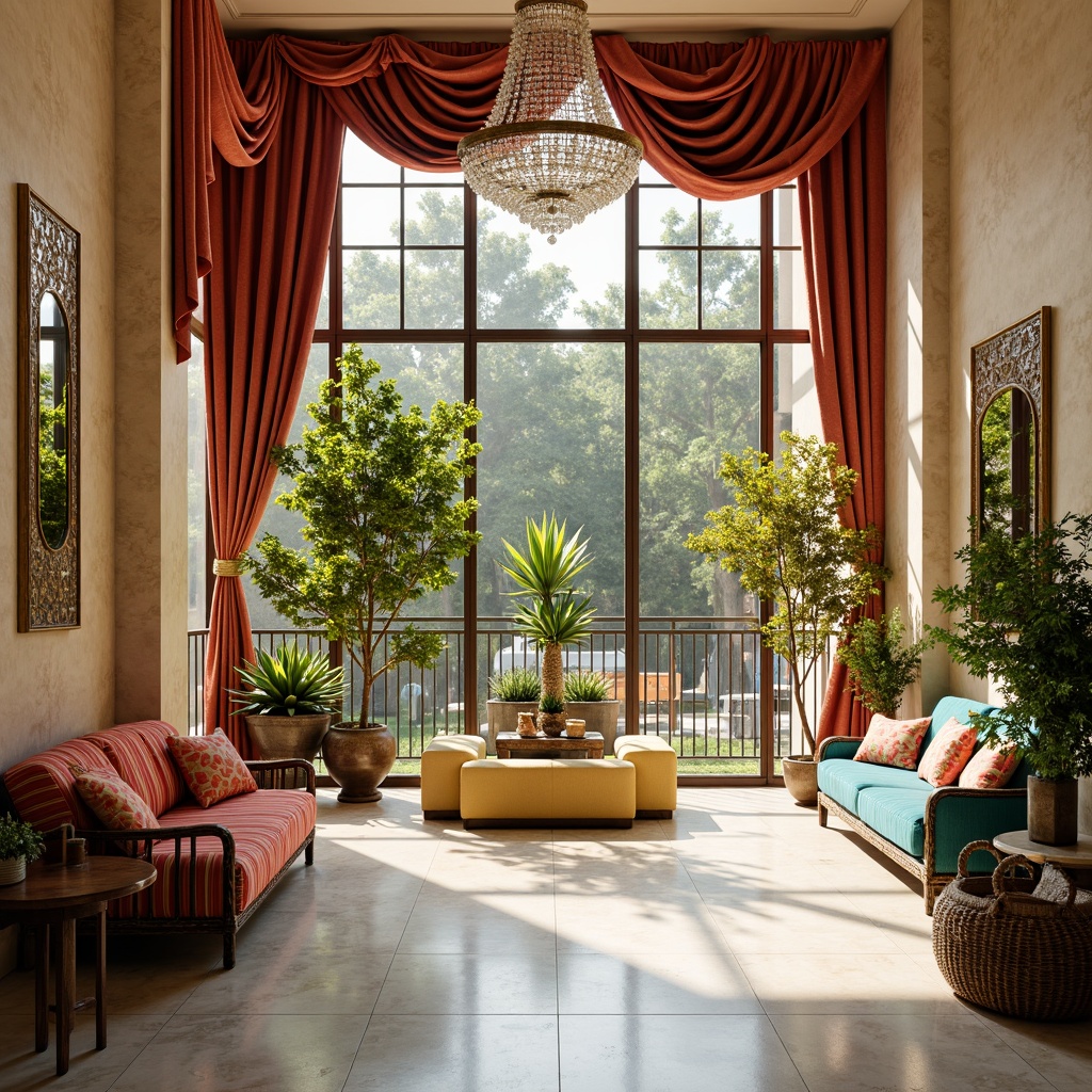 Prompt: Vibrant sunroom, Art Deco accents, bold geometric patterns, luxurious velvet drapes, polished chrome fixtures, rich wood tones, creamy white marble floors, ornate metal railings, lavish crystal chandeliers, soft natural light, warm beige walls, pops of turquoise blue, sunny yellow, and coral pink hues, elegant archways, curved lines, ornate mirrors, metallic gold leafing, luxurious fabrics, plush throw pillows, exotic palm trees, lush greenery, warm afternoon lighting, shallow depth of field, 3/4 composition, realistic textures.