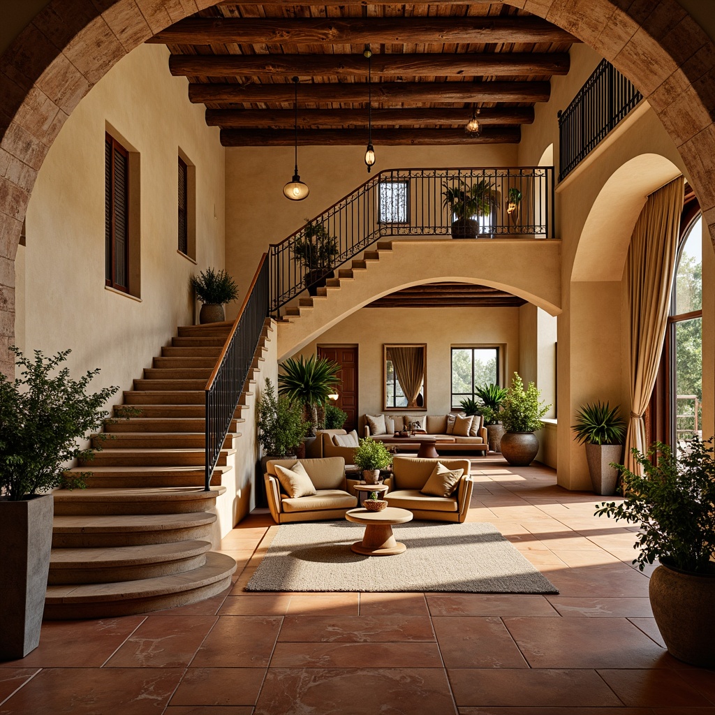 Prompt: Warm Mediterranean ambiance, curved staircase, wrought iron railing, ornate metalwork, natural stone walls, terracotta flooring, soft warm lighting, elegant archways, rustic wooden beams, plush carpets, comfortable seating areas, lush greenery, potted plants, flowing curtains, classic column designs, decorative ceramic tiles, earthy color palette, shallow depth of field, 1/1 composition, realistic textures.