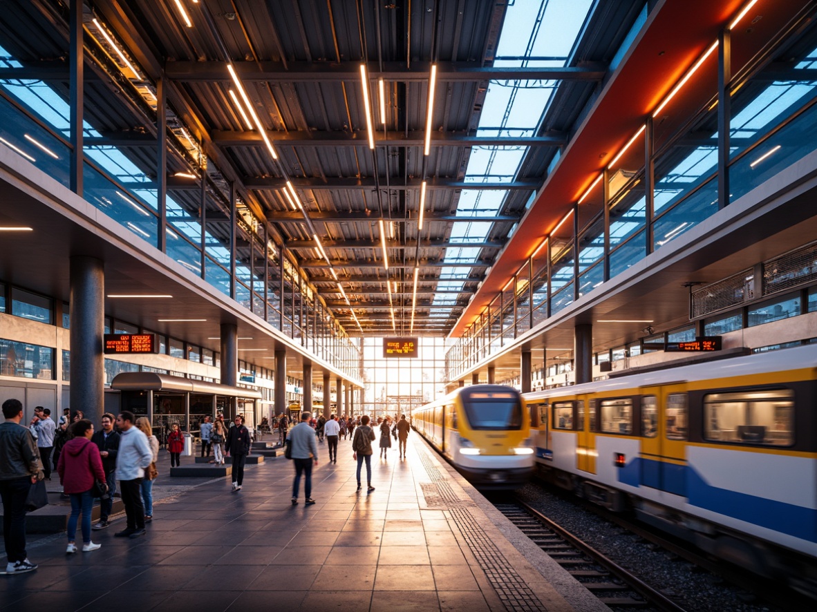 Prompt: Vibrant modern train station, sleek metallic architecture, bold color accents, neon lights, futuristic signage, urban landscape, bustling atmosphere, natural stone flooring, stainless steel beams, glass ceilings, geometric patterns, dynamic LED displays, speedy trains, busy commuters, morning rush hour, warm golden lighting, shallow depth of field, 1/2 composition, panoramic view, realistic textures, ambient occlusion.