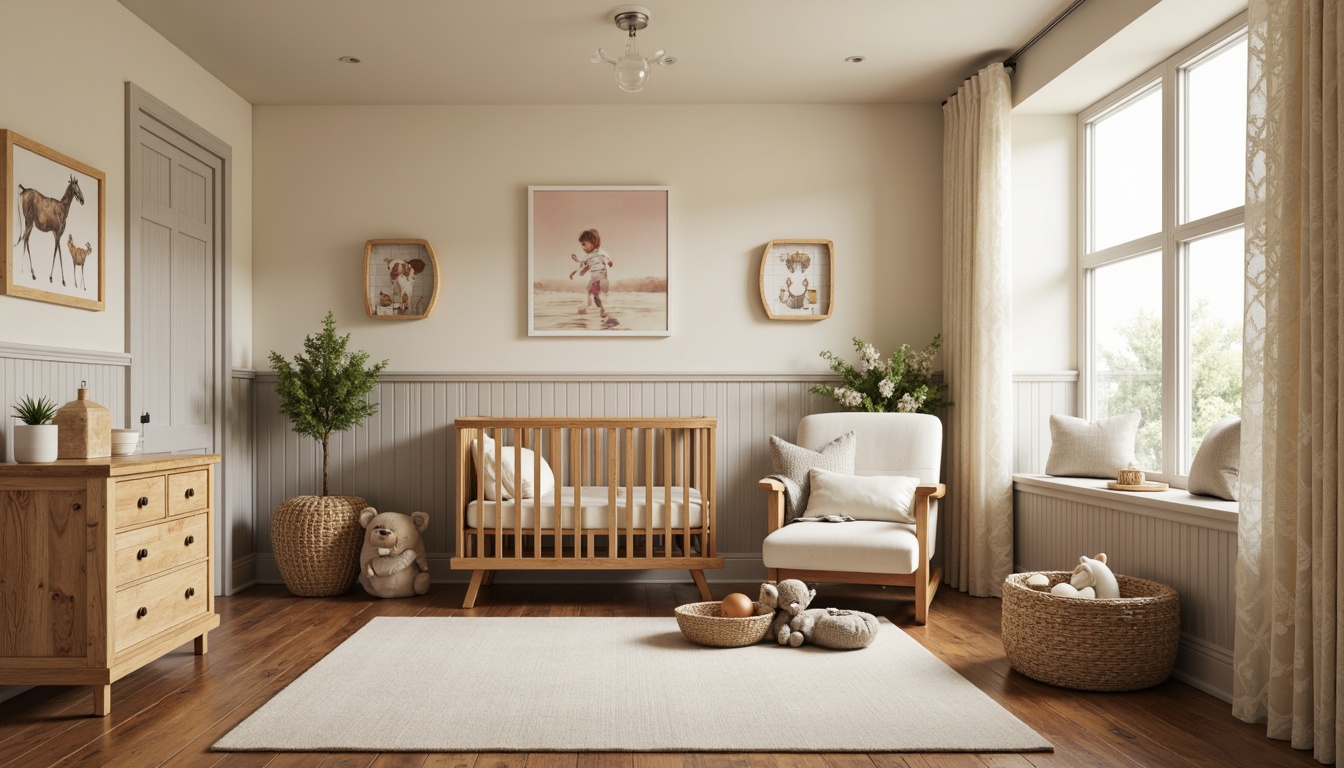 Prompt: Rustic wooden crib, vintage baby carriage, distressed finishes, soft pastel colors, natural fabrics, woven baskets, plush toys, gentle lighting, cozy reading nook, comfortable glider, warm beige walls, reclaimed wood flooring, earthy tone accents, whimsical wall art, delicate lace curtains, creamy white furniture, traditional nursery rhymes, serene atmosphere, shallow depth of field, 1/1 composition, soft focus, warm color palette.