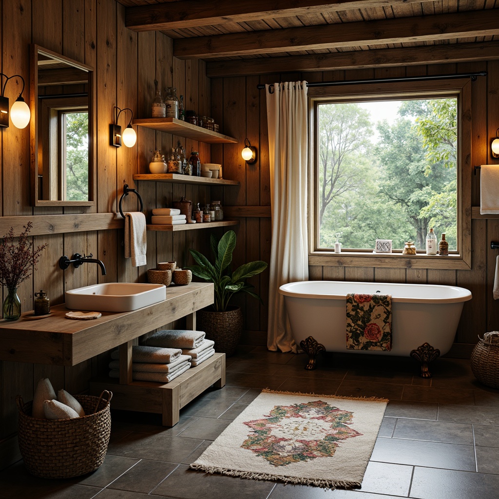 Prompt: Rustic bathroom, distressed wood accents, vintage metal fixtures, earthy color palette, natural stone flooring, wooden beams, candlelight ambiance, warm soft lighting, pendant lanterns, wrought iron chandeliers, mason jar sconces, nature-inspired textiles, botanical prints, forest scenery, morning mist, shallow depth of field, 2/3 composition, realistic textures, ambient occlusion.