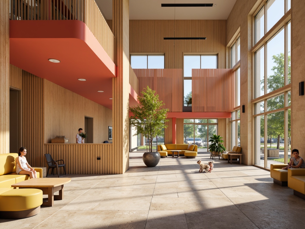 Prompt: Vibrant community center, warm beige walls, rich wood accents, inviting earth tones, natural stone flooring, comfortable seating areas, lively coral colors, energetic yellow hues, calming blue shades, playful kid-friendly zones, modern minimalist architecture, abundant natural light, soft warm lighting, subtle texture overlays, 3/4 composition, realistic rendering.